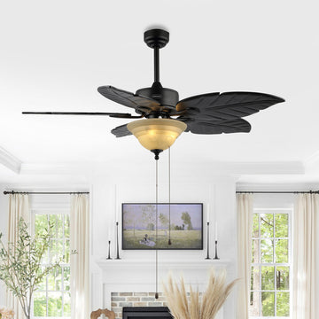 Poinciana 52" Coastal Bohemian Iron/Wood Palm Leaf LED Ceiling Fan with Pull Chain - JONATHAN Y